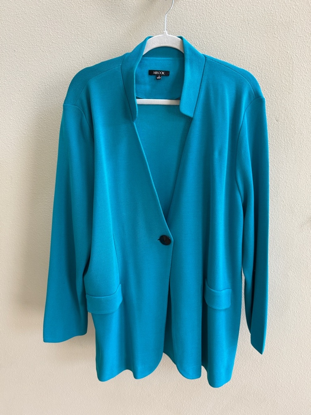 Misook Woman Ribbed Knit Single Button Blazer/Cardigan Teal Turquoise blue  EUC